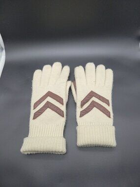 Women's Ivory Knit Wrist Gloves Brown Leather Trim Classic Casual One Size